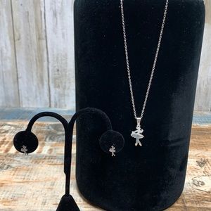 Ballerina Silvertone Pendant,Chain, Post Earrings